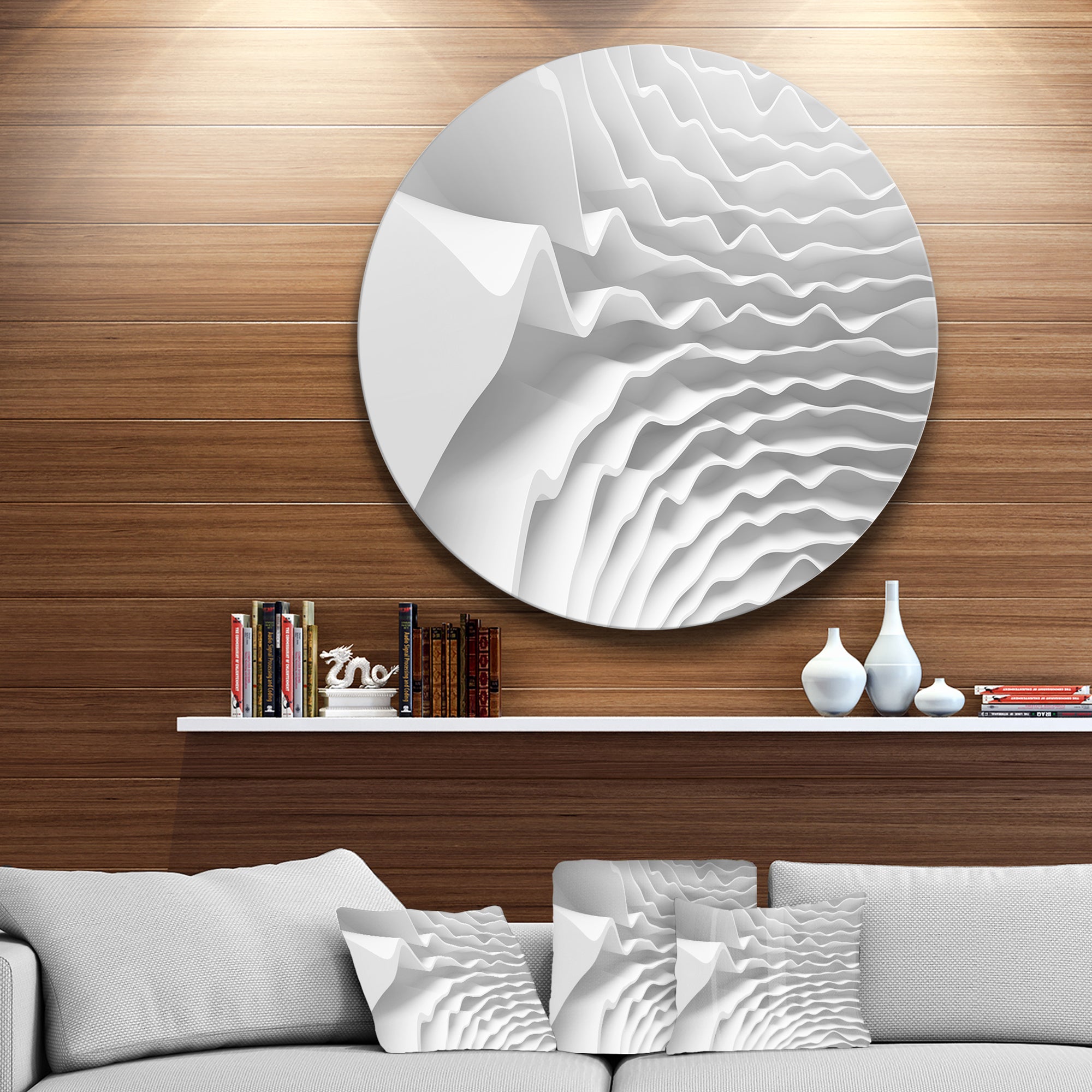 Fractal Curved White 3D Waves' Abstract Circle Metal Wall Art