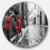Retro Vintage Red Bike' Cityscape Photo Circle Metal Wall Art
