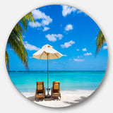 Turquoise Beach with Chairs' Seashore Photo Circle Metal Wall Art