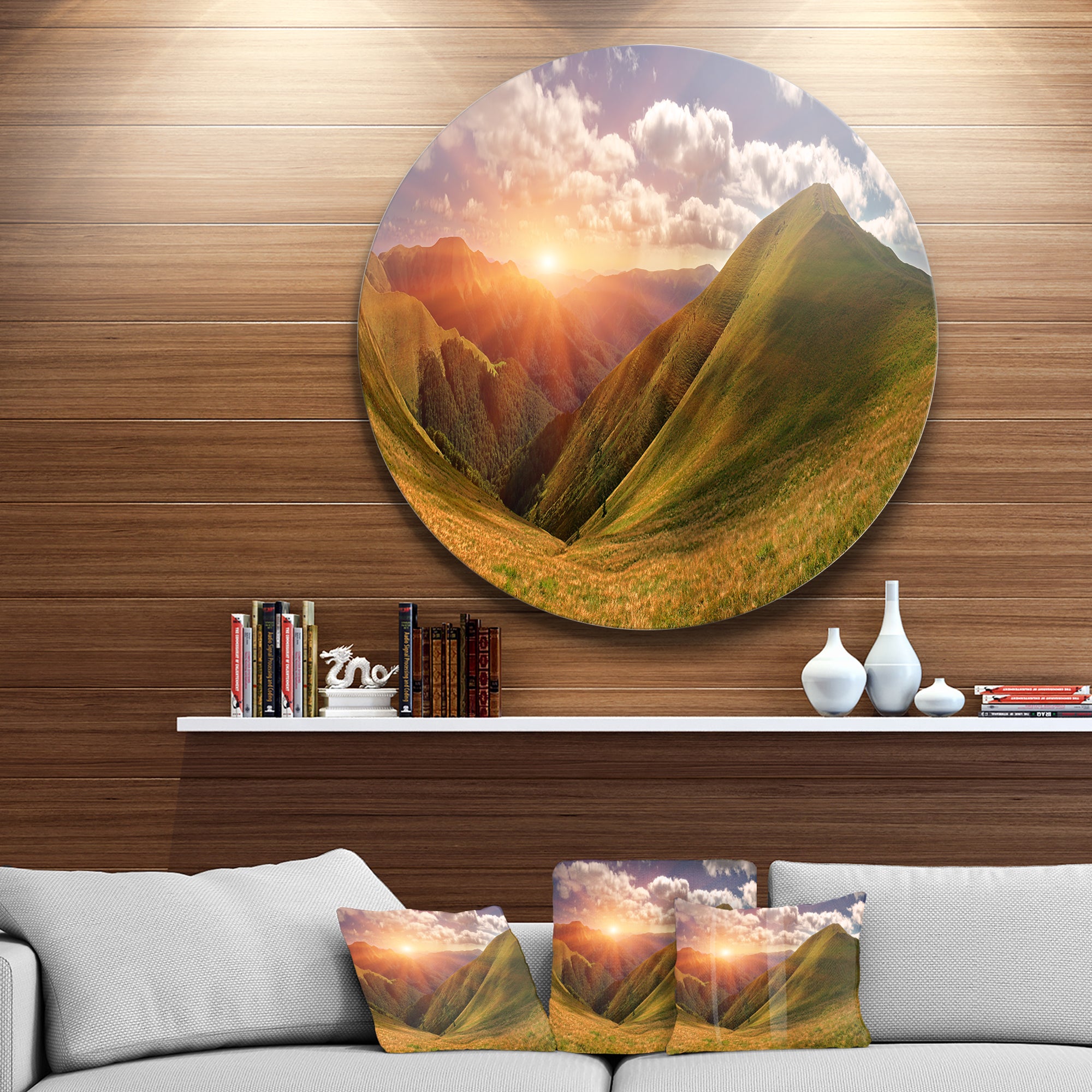Sunrise Over Green Mountains' Landscape Photo Circle Metal Wall Art