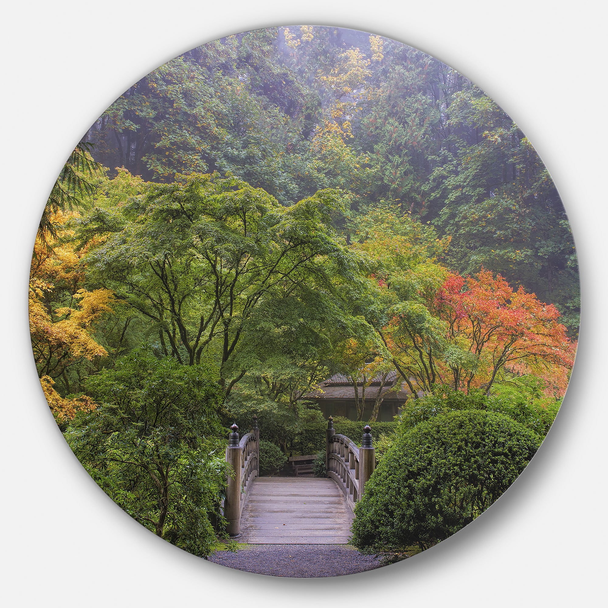 Foggy Dawn in Japanese Garden' Landscape Photography Circle Metal Wall Art
