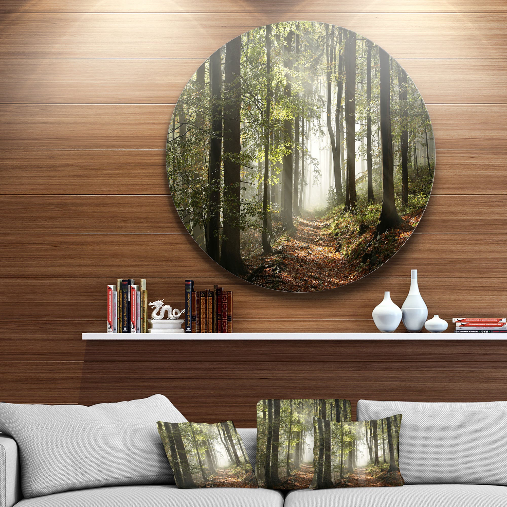 Green Fall Forest with Sun Rays' Landscape Photography Circle Metal Wall Art