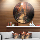Stairway Through Red Fall Forest' Circle Landscape Circle Metal Wall Art
