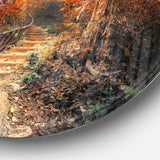 Stairway Through Red Fall Forest' Circle Landscape Circle Metal Wall Art