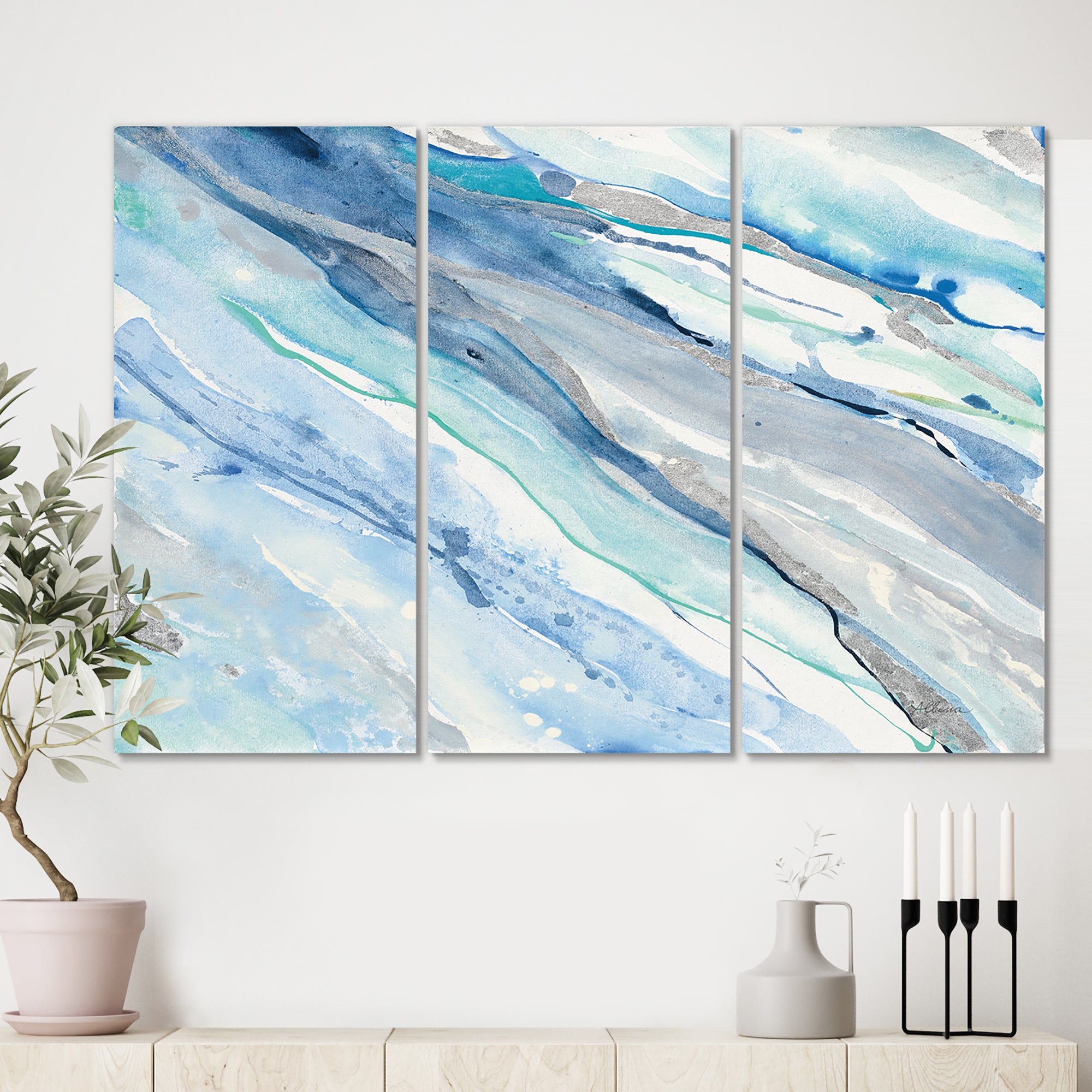 Designart 'Blue Silver Spring II' Modern Lake House Gallery-wrapped Canvas - 36x28 - 3 Panels