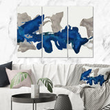 Designart 'Gouache Sapphire on Gray' Modern Canvas Art - 36x28 - 3 Panels