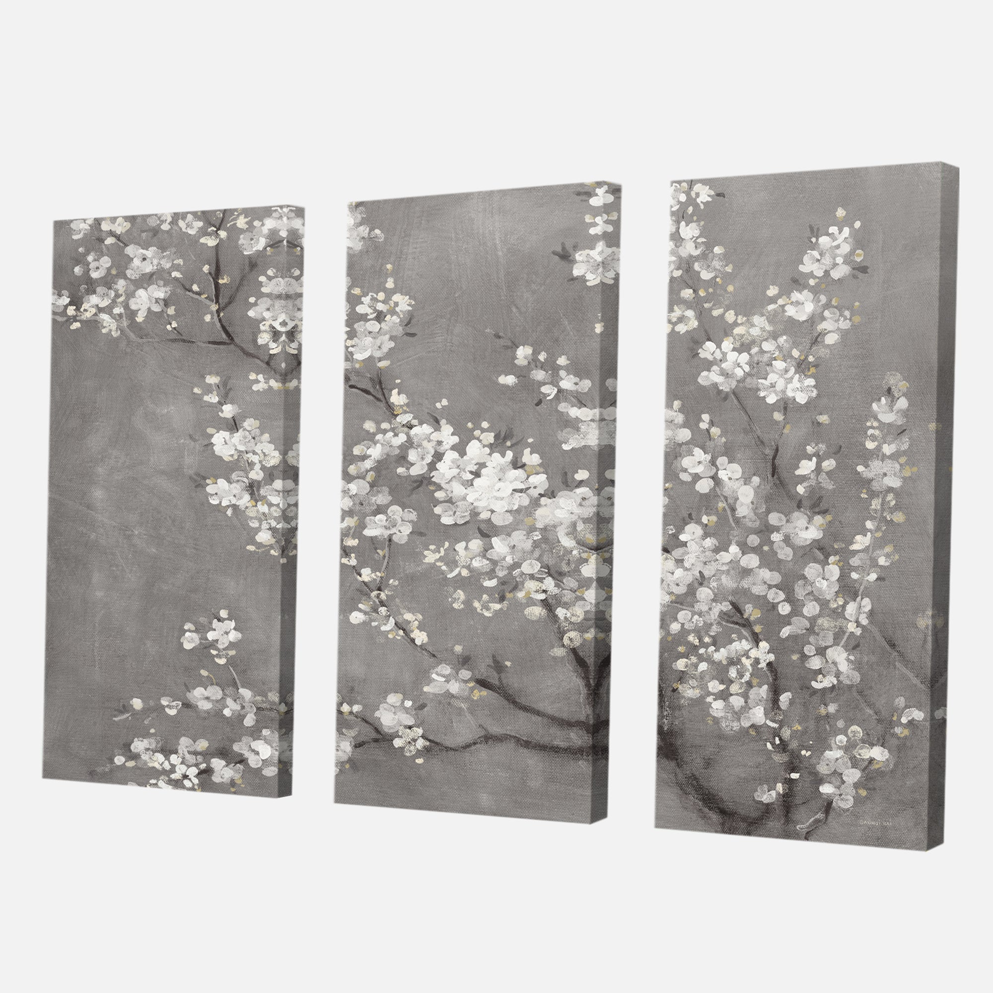 Designart 'White Cherry Blossoms II' Traditional Canvas Artwork - 36x28 - 3 Panels