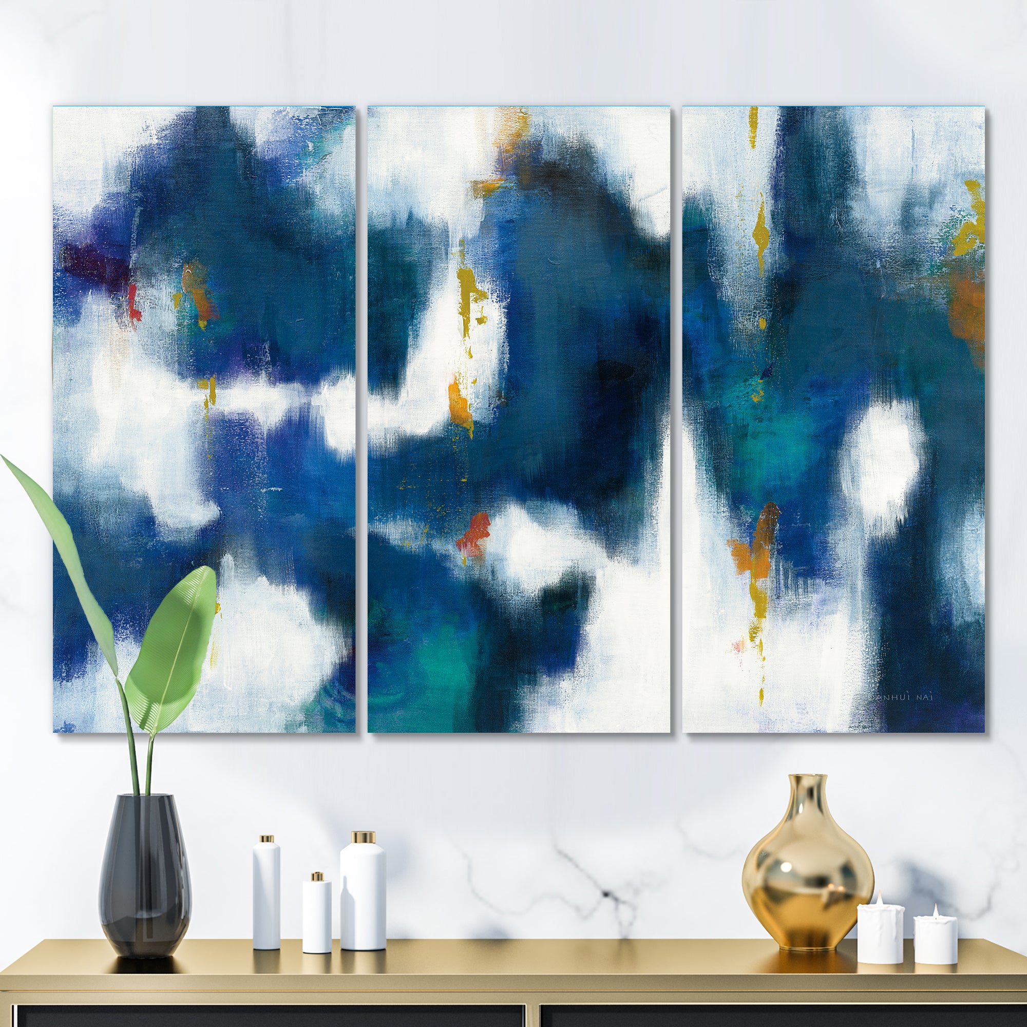 Designart 'Blue Glam Texture II' Contemporary Canvas Art - 36x28 - 3 Panels