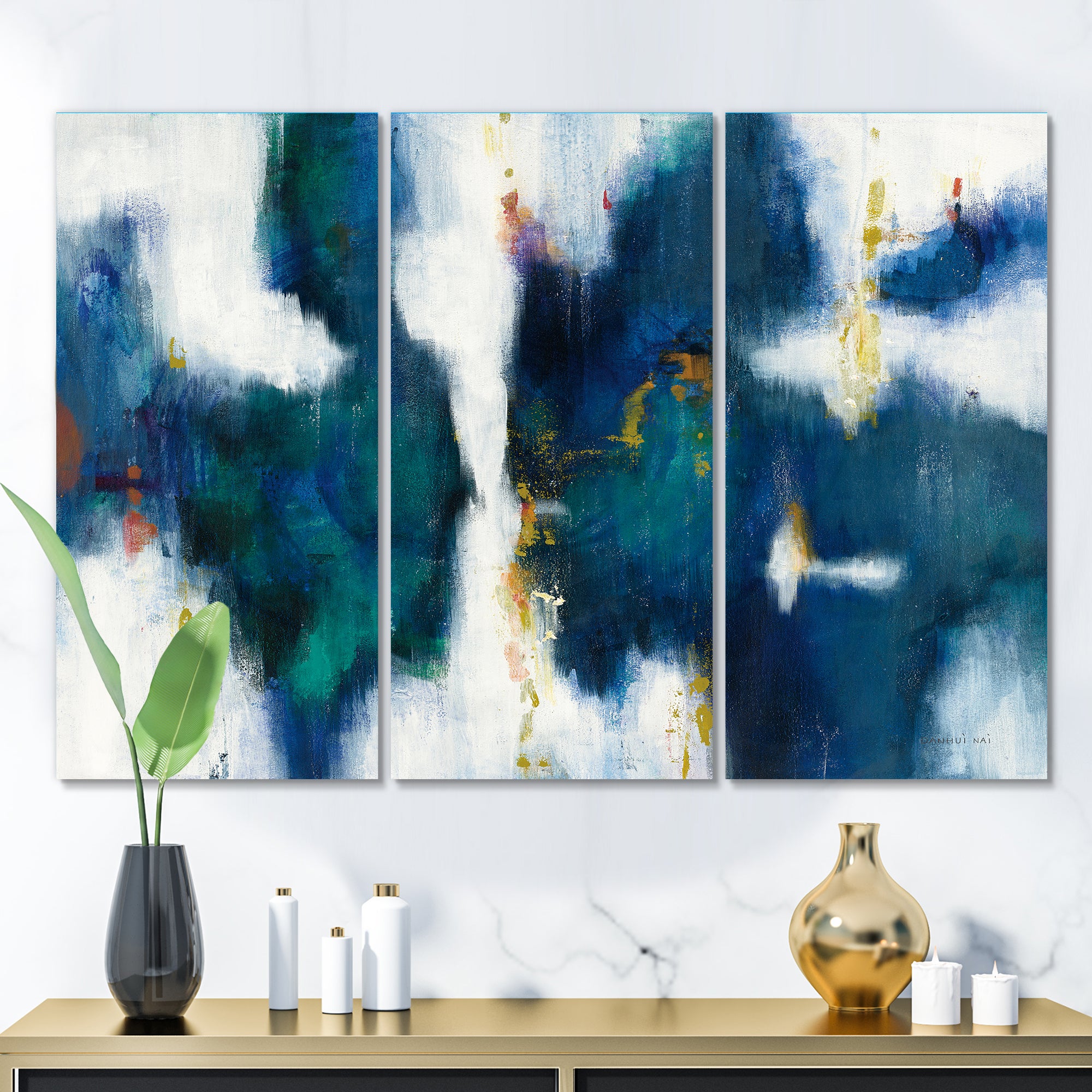 Designart 'Blue Glam Texture I' Contemporary Premium Canvas Wall Art - 36x28 - 3 Panels