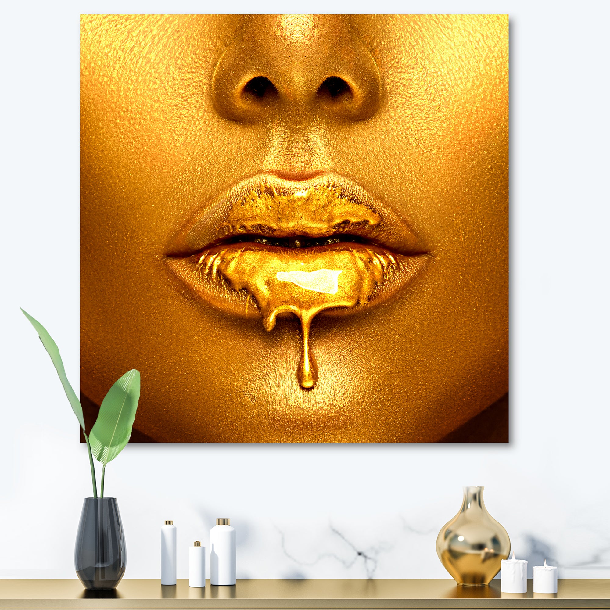 Gold Paint Drips From Sexy Woman Lips