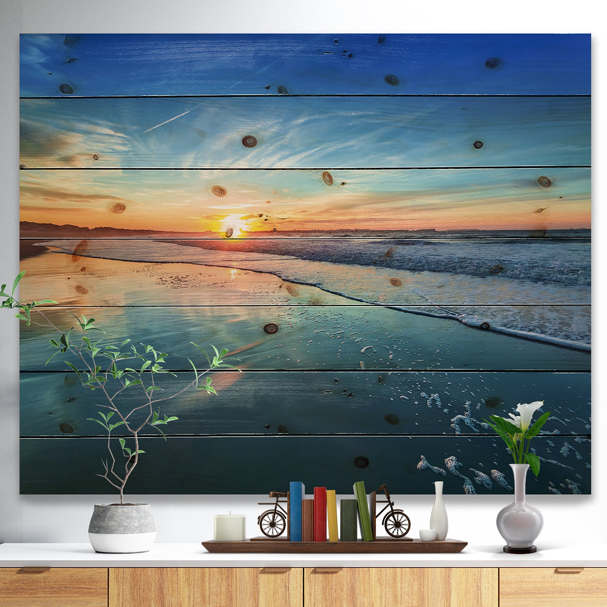 Blue Seashore with Distant Sunset - Seascape Print on Natural Pine Wood - 20x15