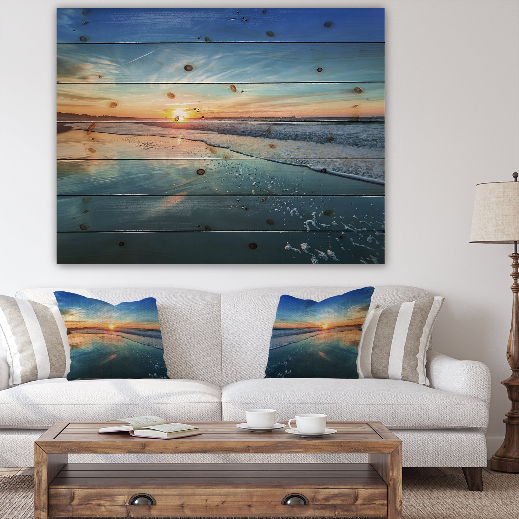 Blue Seashore with Distant Sunset - Seascape Print on Natural Pine Wood - 20x15
