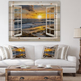 Open Window to Bright Yellow Sunset - Modern Seascape Print on Natural Pine Wood - 20x15