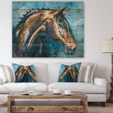 Brown Horse on Blue Watercolor - Abstract Print on Natural Pine Wood - 20x15