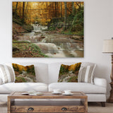 Forest Waterfall with Yellow Trees - Landscape Print on Natural Pine Wood - 20x15