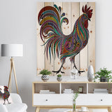 2017 Colored Patterns Rooster - Farmhouse Animal Painting Print on Natural Pine Wood - 15x20