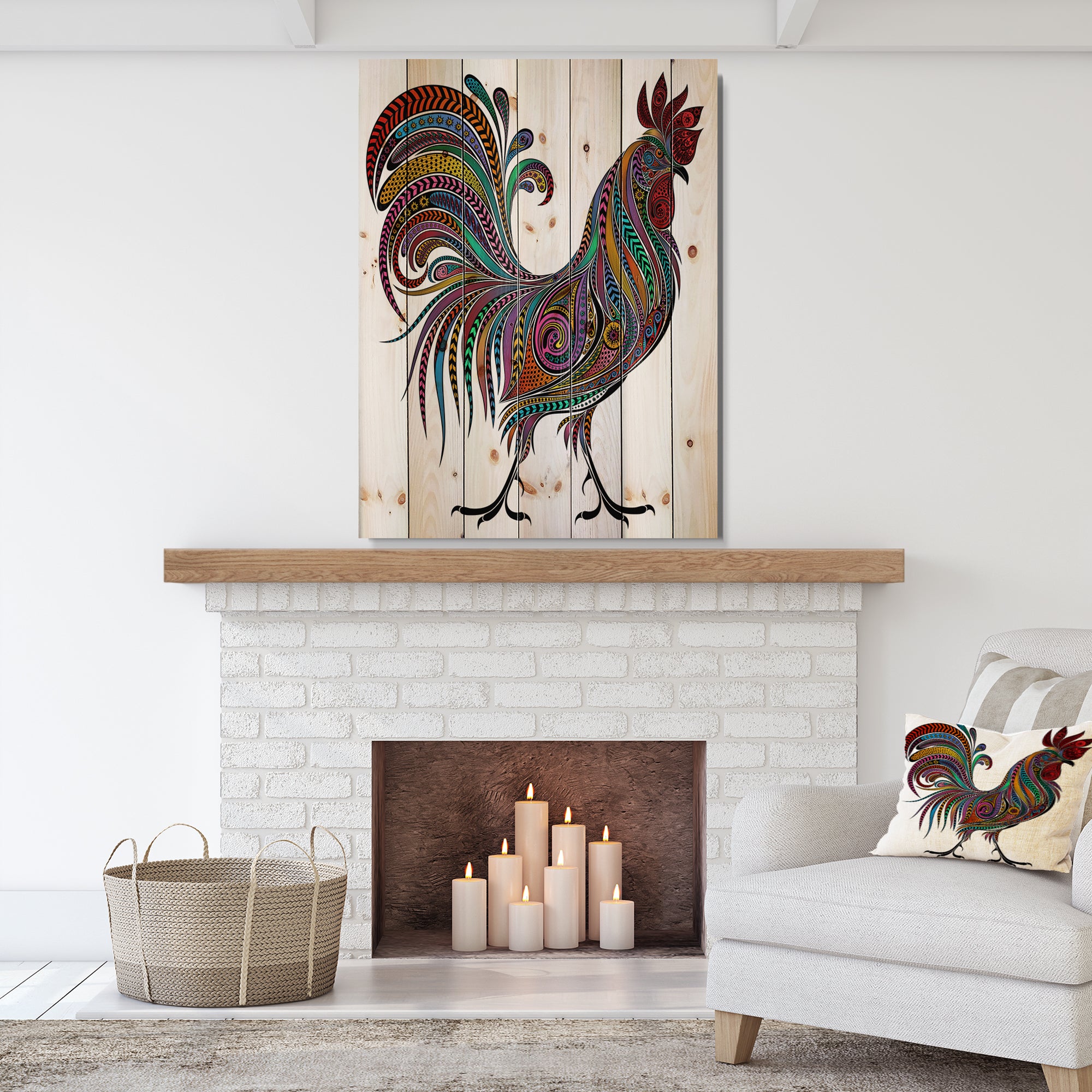 2017 Colored Patterns Rooster - Farmhouse Animal Painting Print on Natural Pine Wood - 15x20