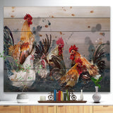 Group of Rooster in Gray Farm background - Farmhouse Animal Painting Print on Natural Pine Wood - 20x15