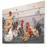 Group of Rooster in Gray Farm background - Farmhouse Animal Painting Print on Natural Pine Wood - 20x15