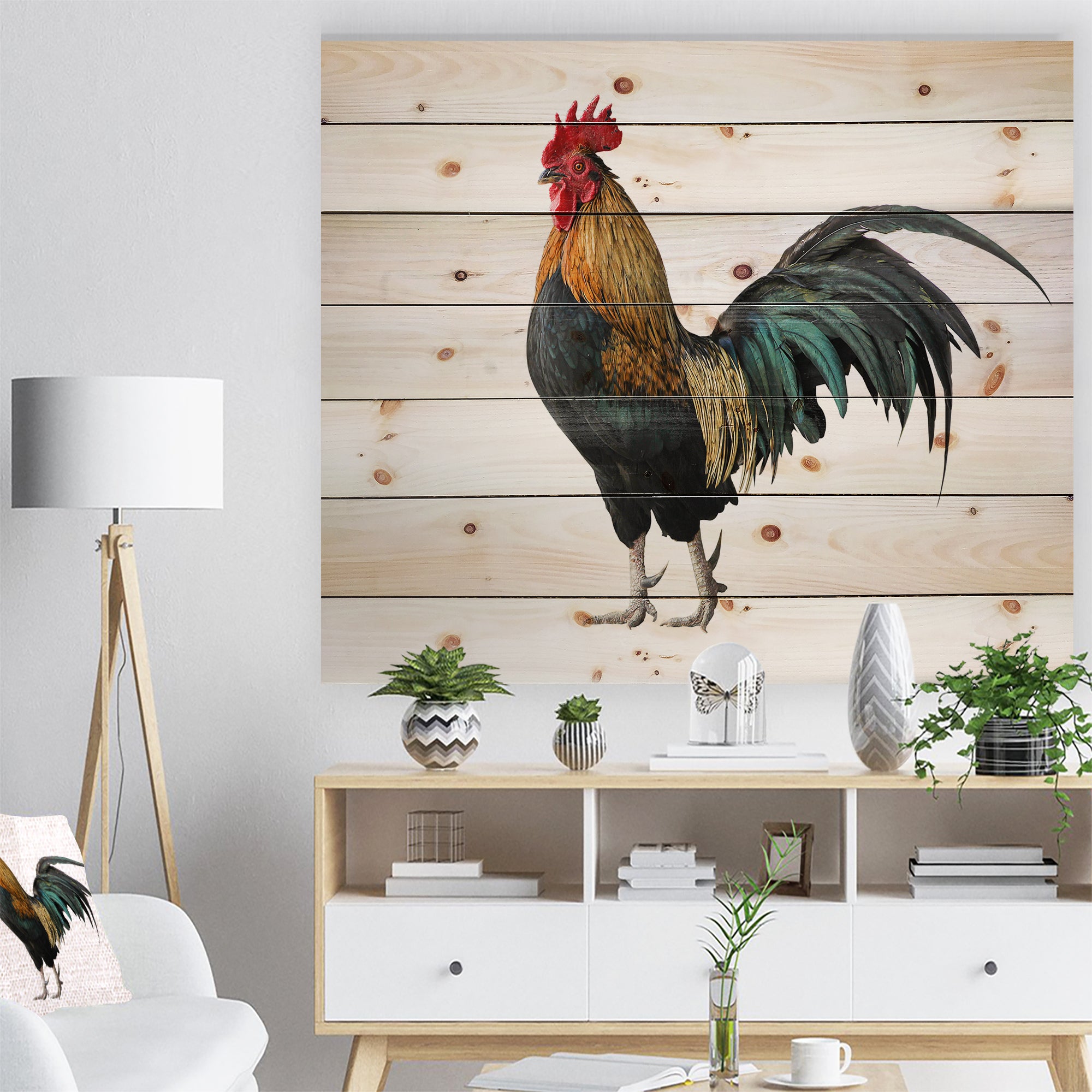 chicken rooster -  Farmhouse Animals of Painting Print on Natural Pine Wood - 20x15