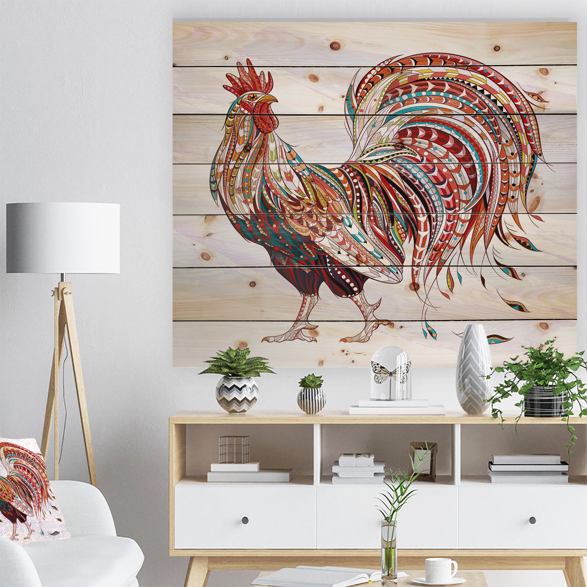 Patterned rooster Symbol of chinese new year -  Farmhouse Animals of Painting Print on Natural Pine Wood - 20x15