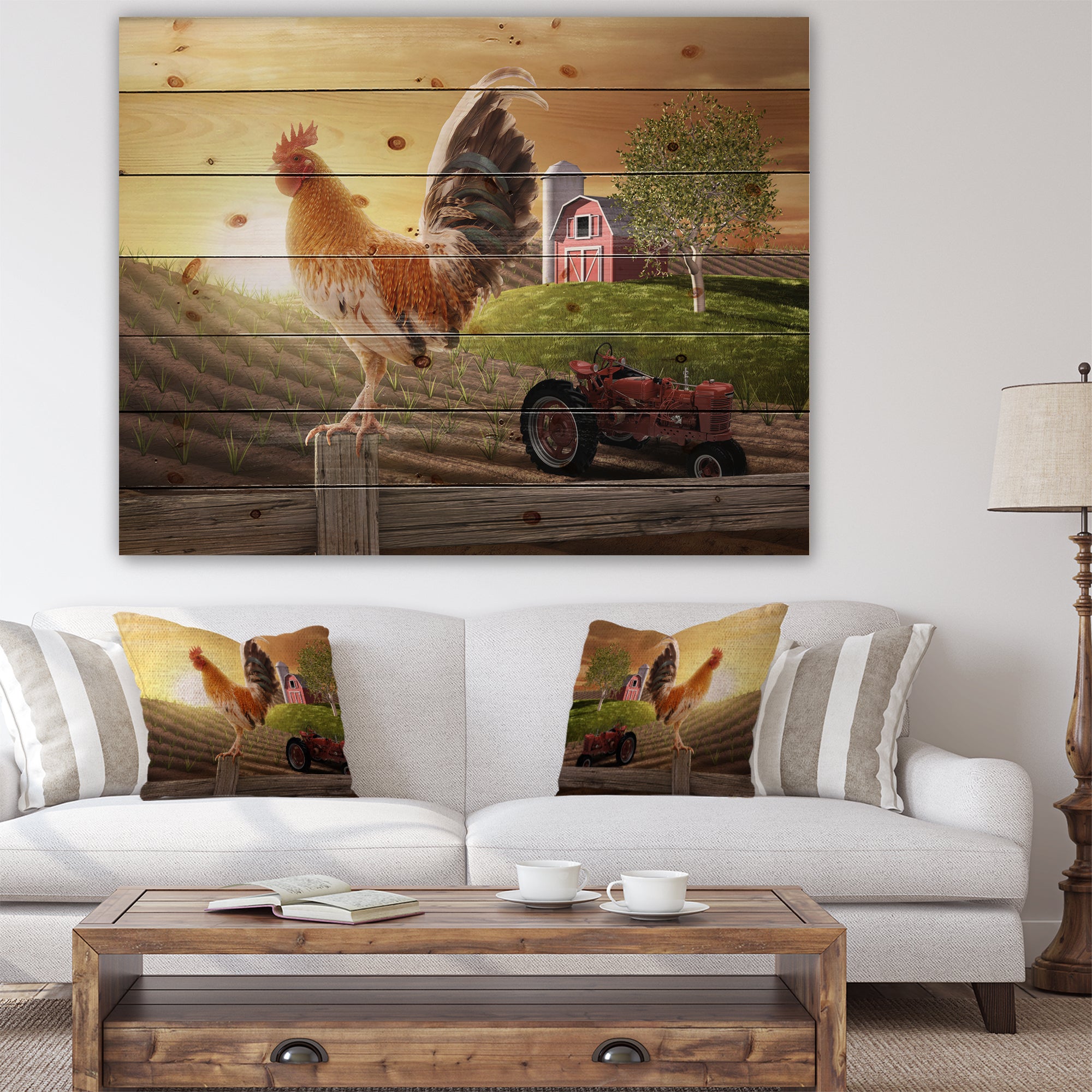 Country Farm Morning - Farmhouse Animal Painting Print on Natural Pine Wood - 20x15