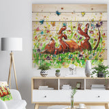 Happy Brown dog with Flowers and Butterfly - Animals Painting Print on Natural Pine Wood - 20x15