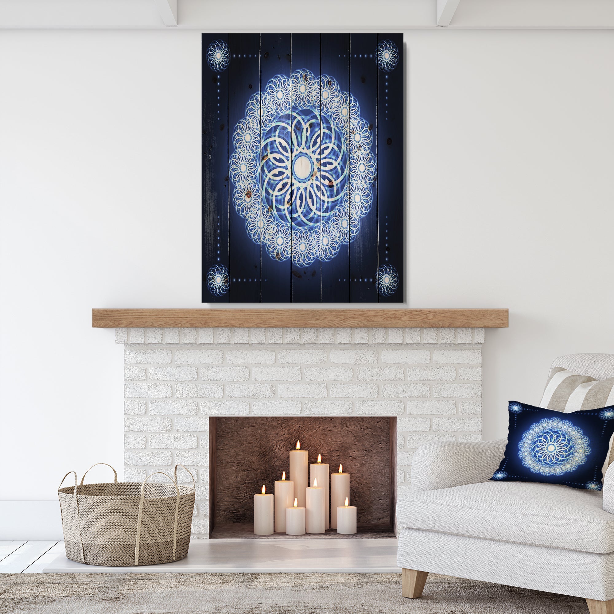 Abstract fractal flower in Blue Background - Digital Art Print on Natural Pine Wood