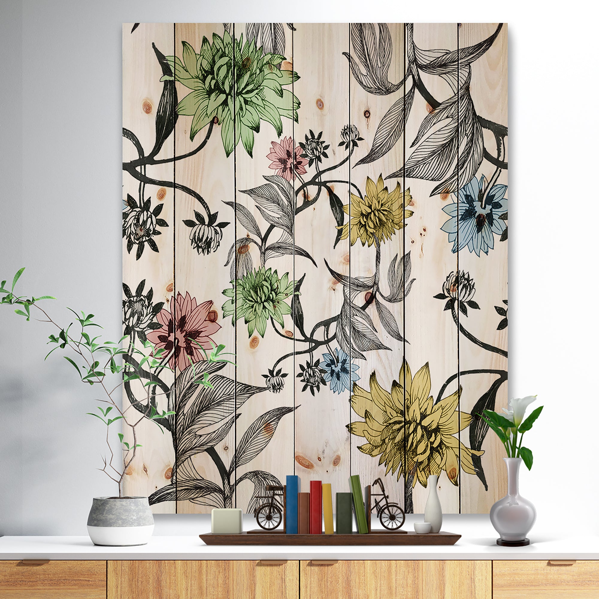 Hand drawn summer flowers - Floral Painting Print on Natural Pine Wood - 15x20