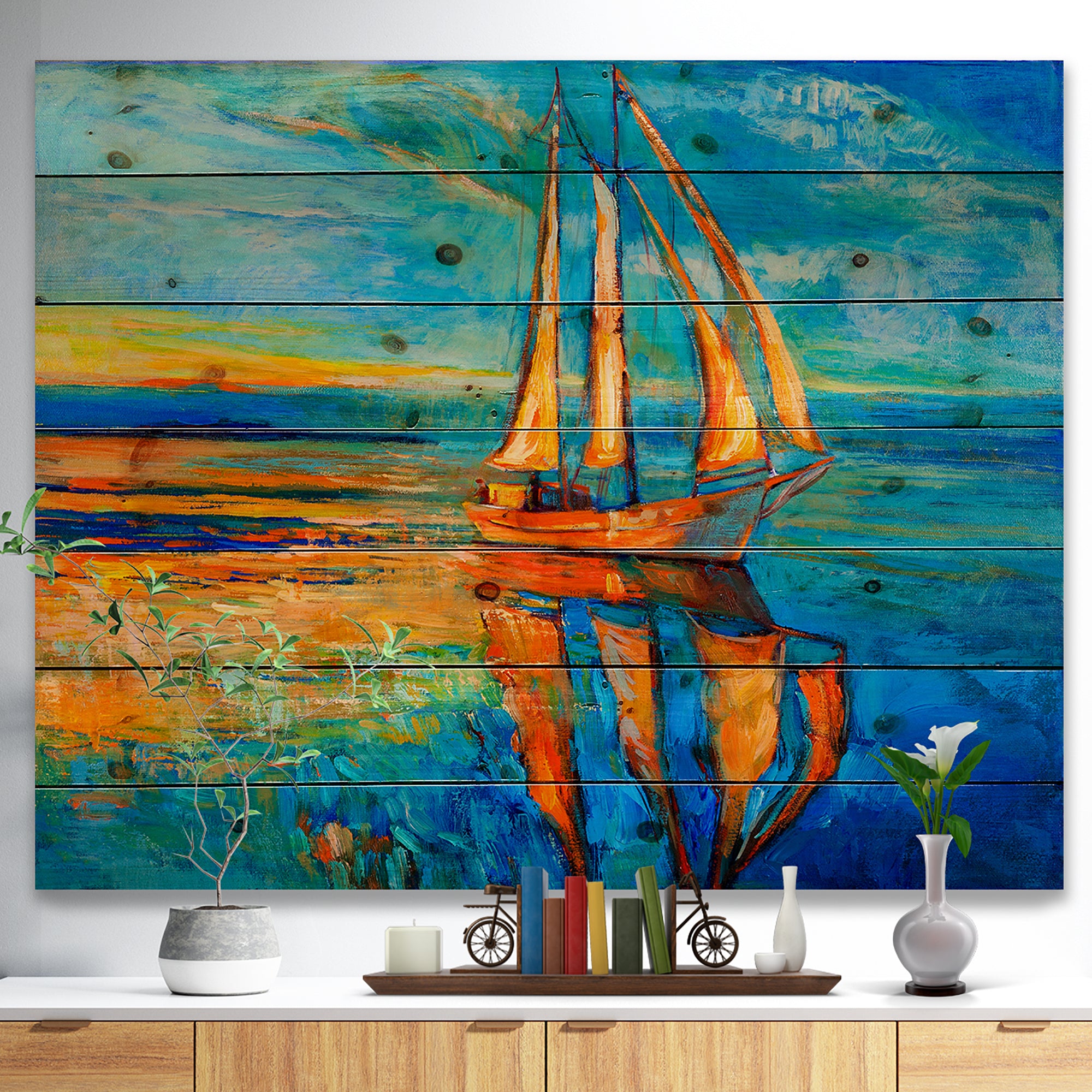 Sail Ship at Sunset in Blue Sky - Sea & Shore Painting Print on Natural Pine Wood - 20x15