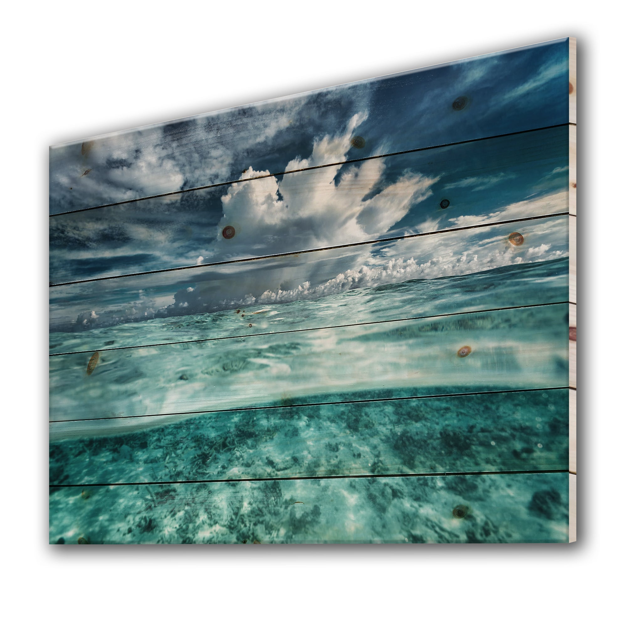 Amazing Underwater Seascape And Clouds - Nautical & Coastal Print on Natural Pine Wood