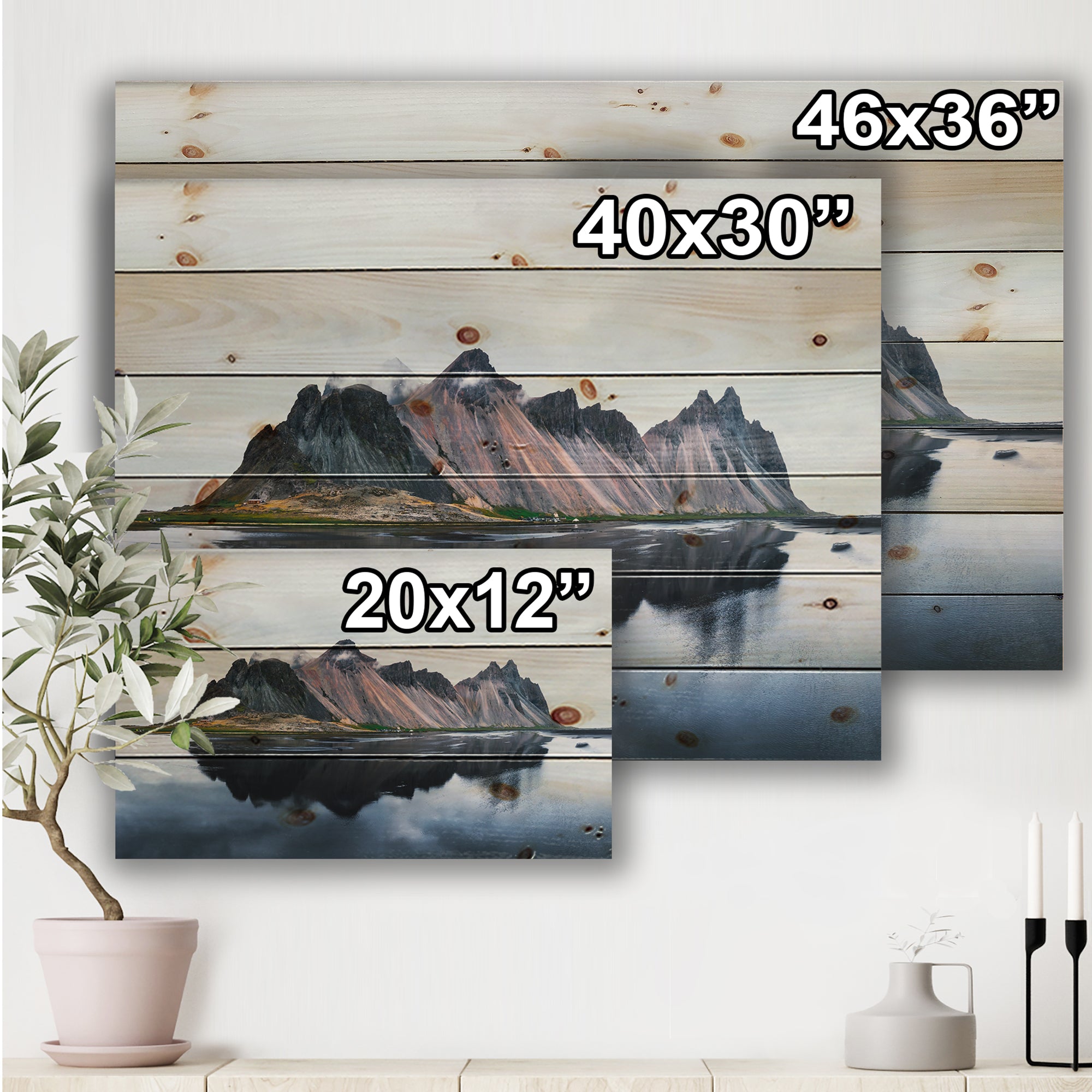 MountaIn Cliffs Reflected on Lake - Traditional Print on Natural Pine Wood