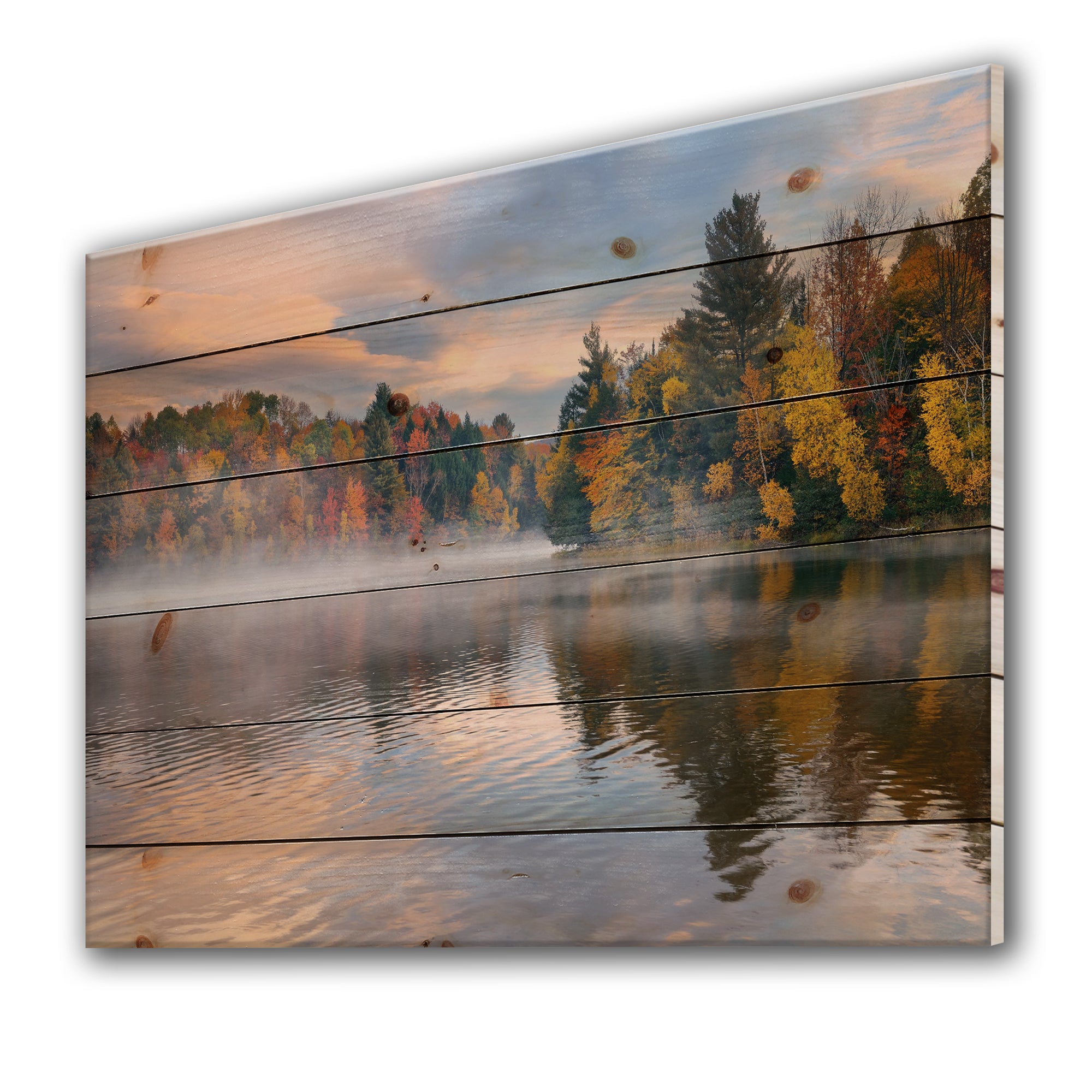 Autumn Foliage By The Lakeside - Traditional Print on Natural Pine Wood