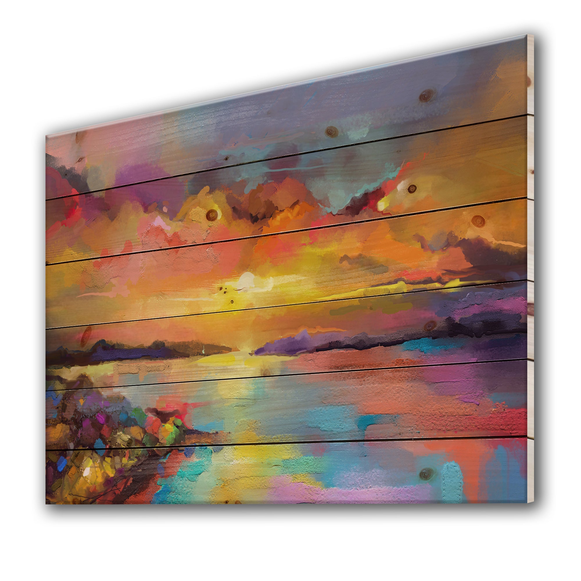 Sunset Painting With Colorful Reflections I - Modern Print on Natural Pine Wood