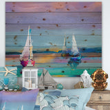 Impressionist Seascape With Little Ships I - Nautical & Coastal Print on Natural Pine Wood