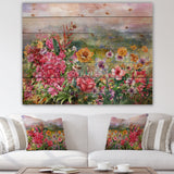 Multicolored Spring Flowers With Misty Background - Farmhouse Print on Natural Pine Wood