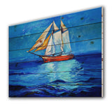 Sailboat Arriving In Blue Sky - Traditional Print on Natural Pine Wood