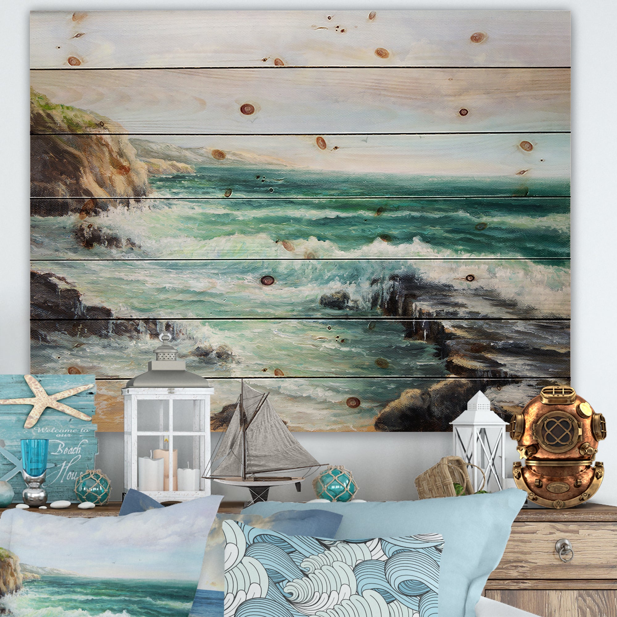 Cliff Overlooking Wild Waves Of The Ocean - Nautical & Coastal Print on Natural Pine Wood