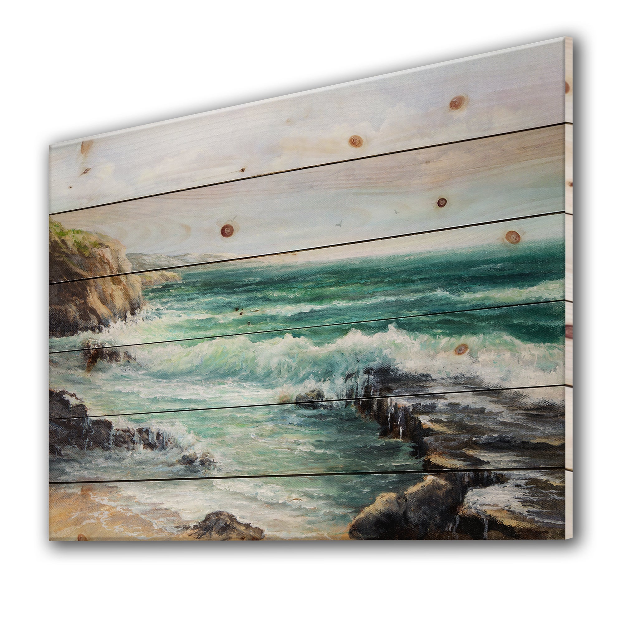 Cliff Overlooking Wild Waves Of The Ocean - Nautical & Coastal Print on Natural Pine Wood