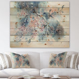 White Sakura Flower Blossom On Pastel Blue Background - Farmhouse Print on Natural Pine Wood