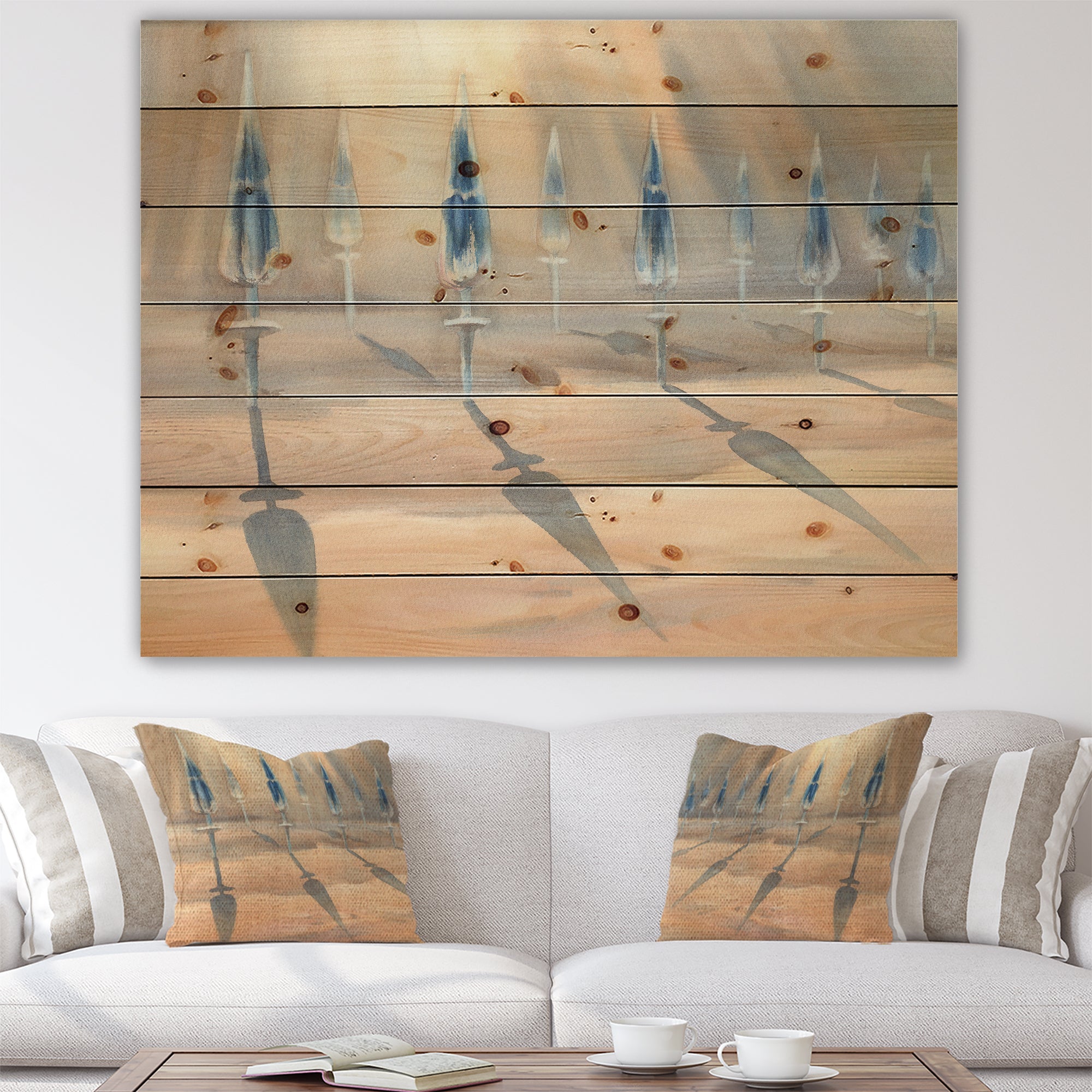 Sunny Sand With Closed Blue Beach Umbrellas - Lake House Print on Natural Pine Wood