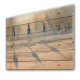 Sunny Sand With Closed Blue Beach Umbrellas - Lake House Print on Natural Pine Wood