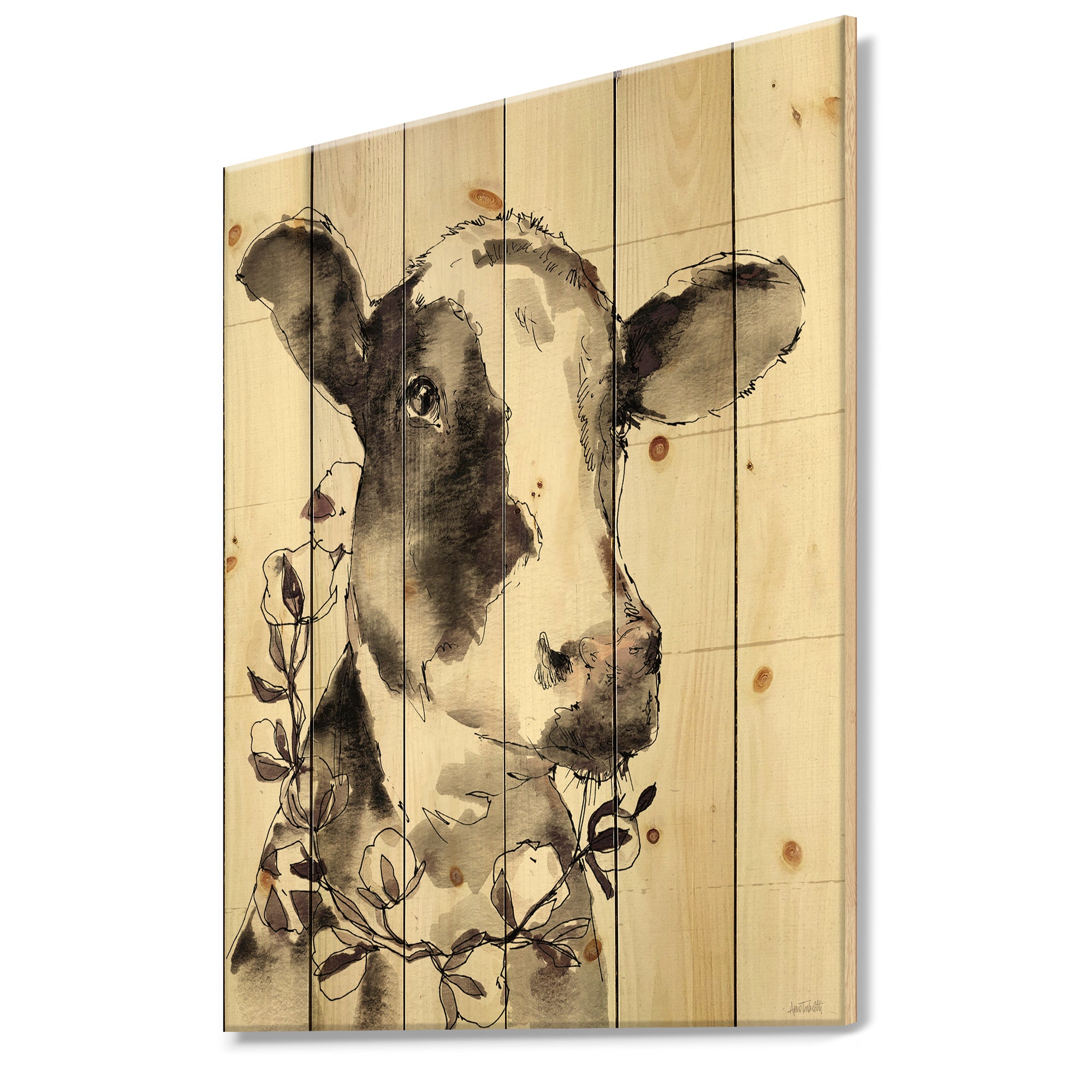Cow Portrait Country Life - Wildlife Print on Natural Pine Wood - 15x20