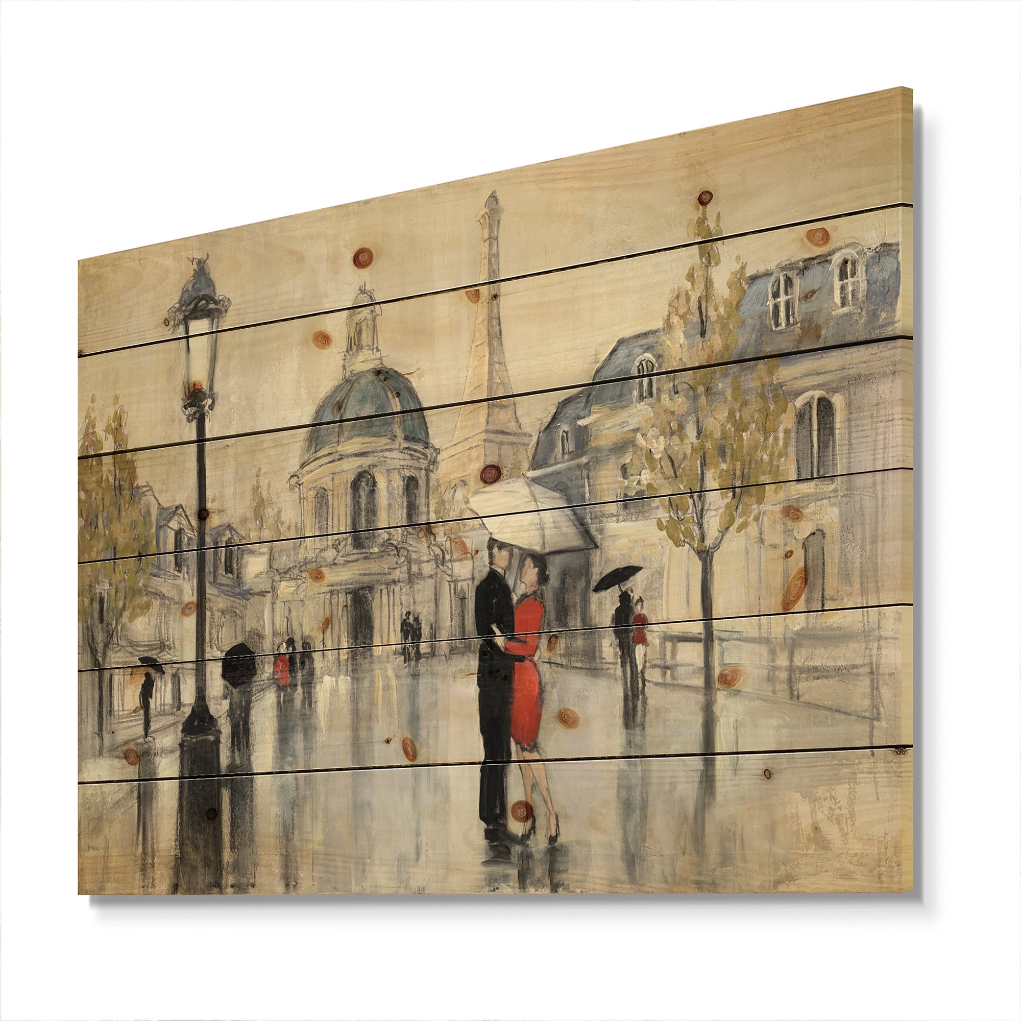 Love in Paris I - Romantic French Country  Print on Natural Pine Wood - 20x15