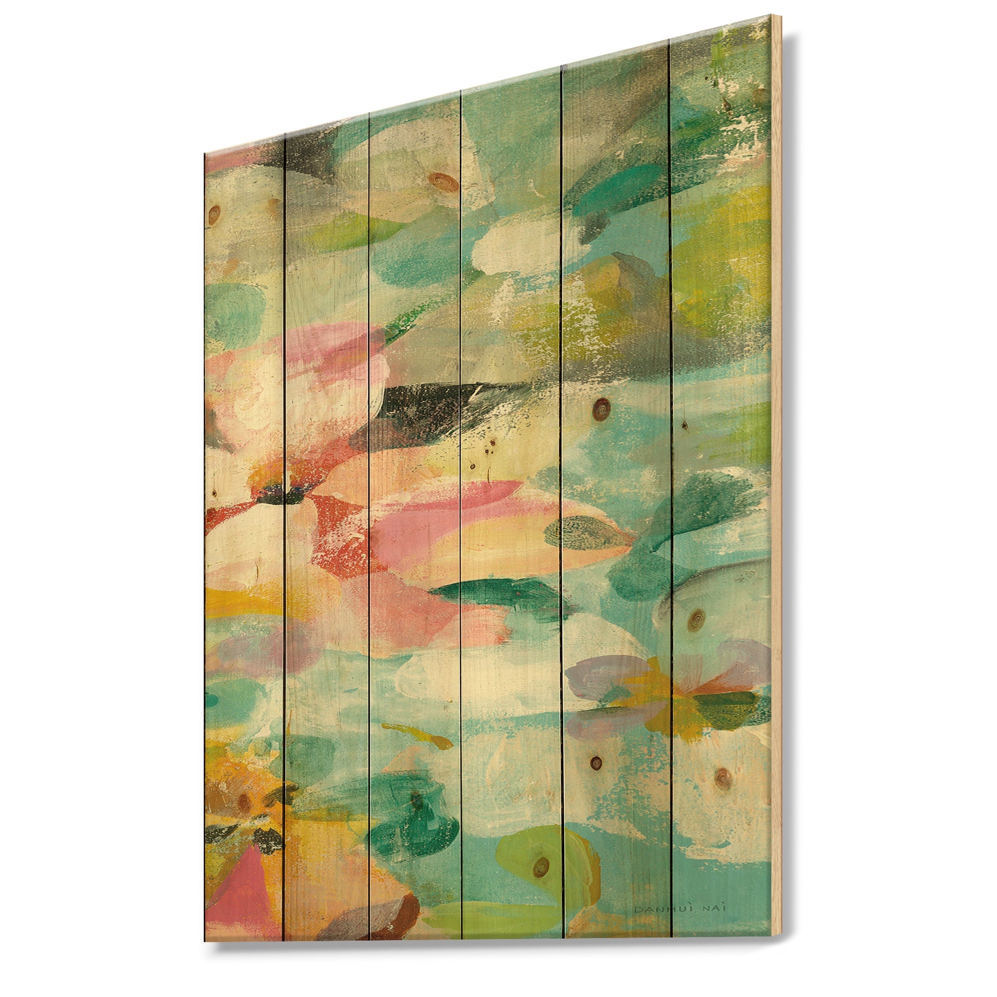 Abstract Flowers in Blue and Pink - Cabin & Lodge Print on Natural Pine Wood