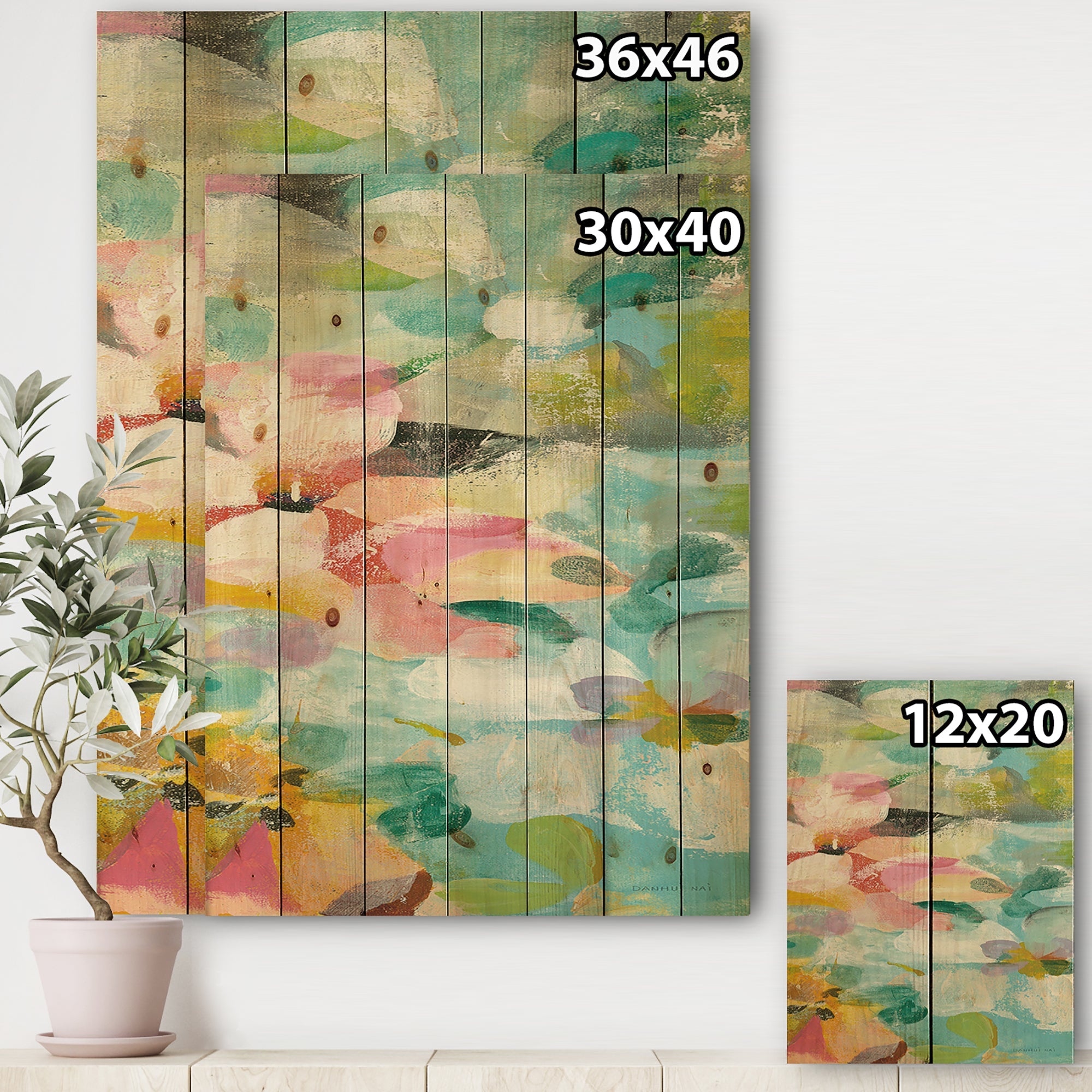 Abstract Flowers in Blue and Pink - Cabin & Lodge Print on Natural Pine Wood