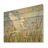 Snowy Egret in Flight vII - Farmhouse Print on Natural Pine Wood - 20x15