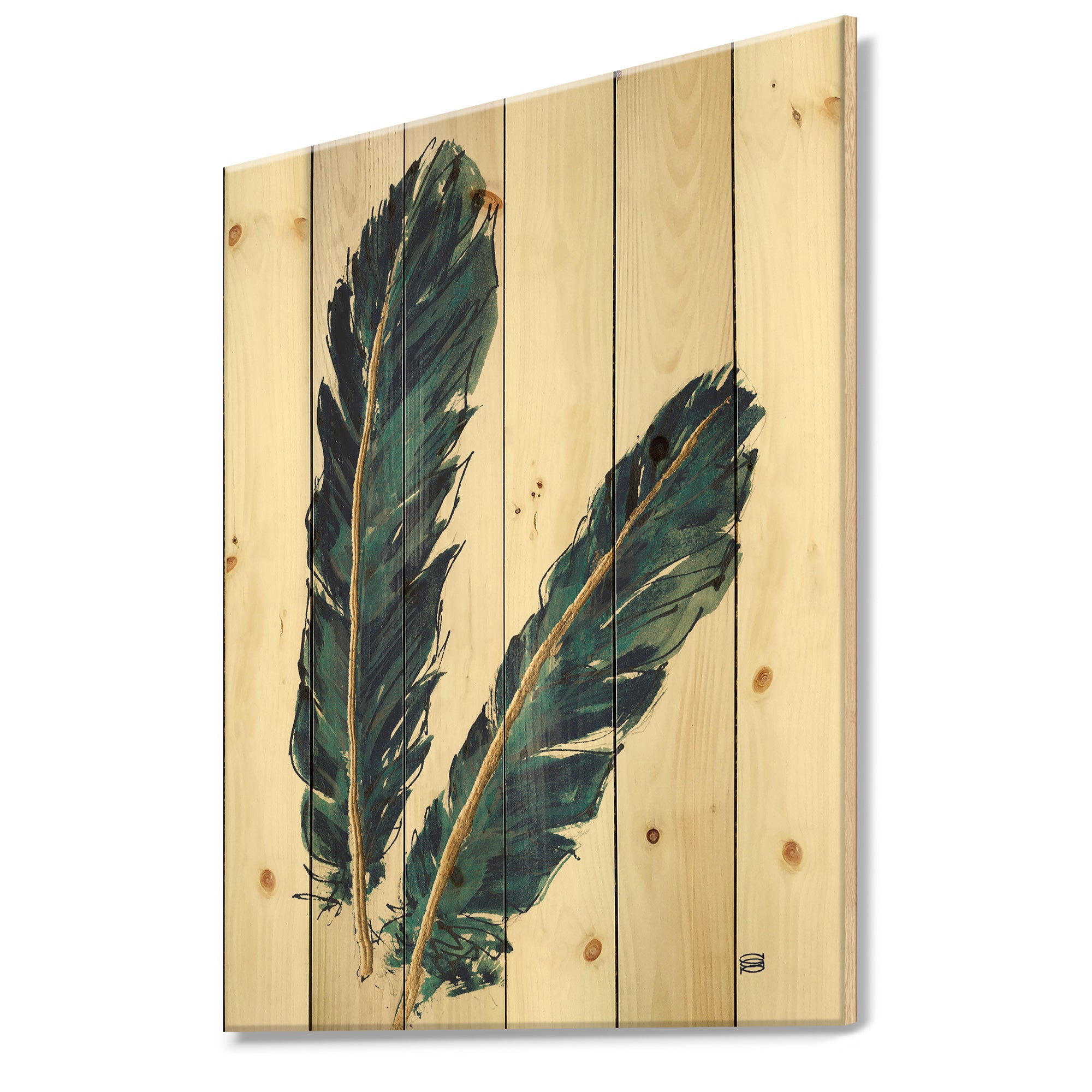 Gold Indigo Feathers IV - Modern Bohemian Print on Natural Pine Wood - 15x20