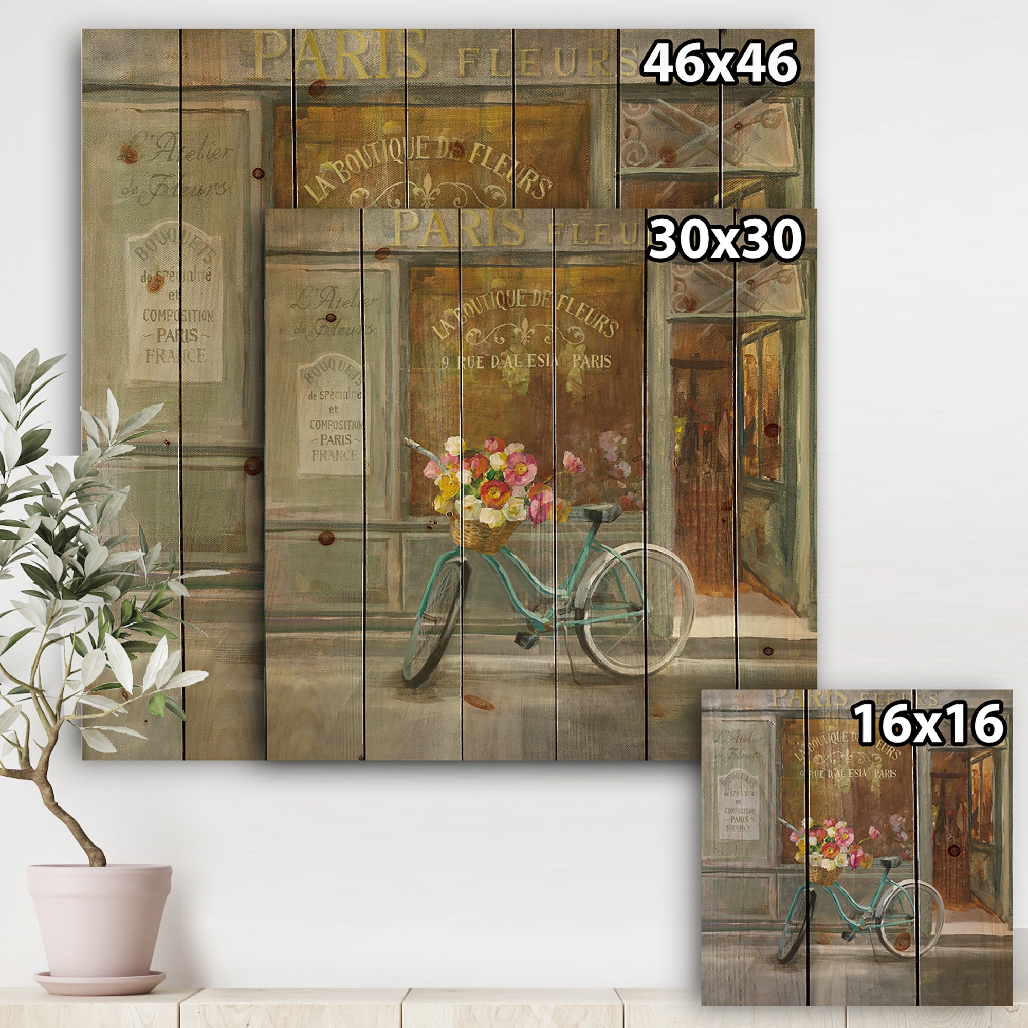 Paris French Flowershop  - Traditional Print on Natural Pine Wood - 16x16