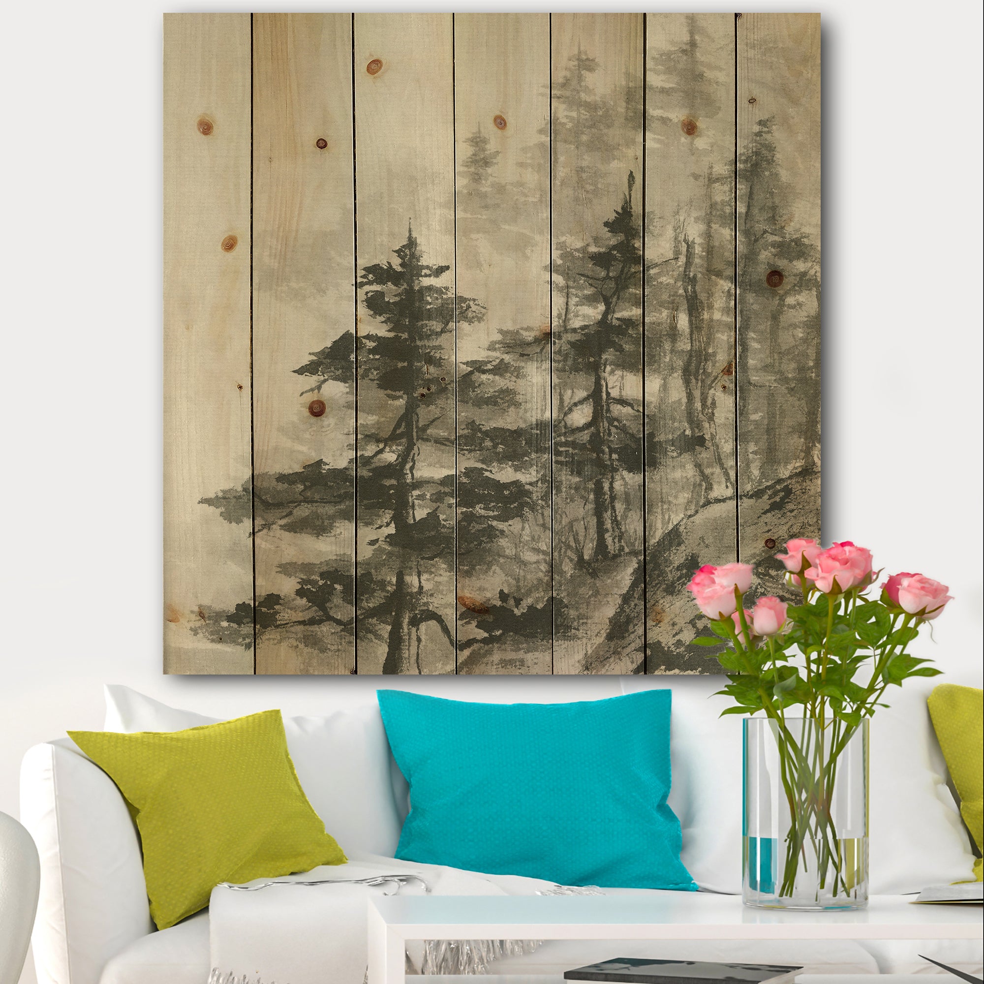 Asian Forest - Cabin & Lodge Print on Natural Pine Wood - 16x16